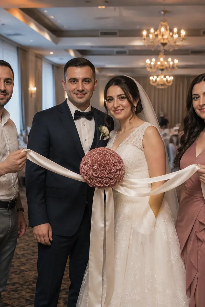 Guests hold ribbon ends while the couple stands holding the bouquet ribbon