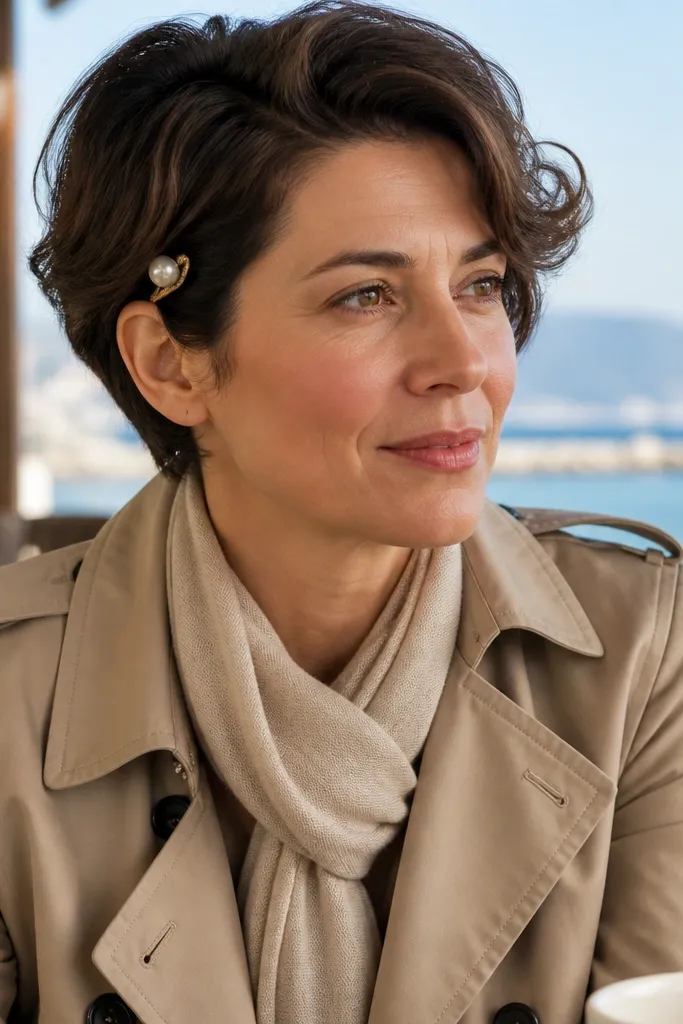 Short hair with a deep side part, soft waves, and a small pearl pin near the side