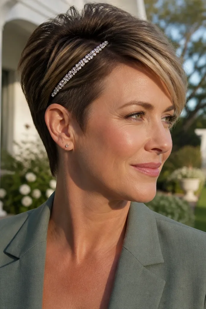 Short textured pixie with a crystal barrette holding a swept side section