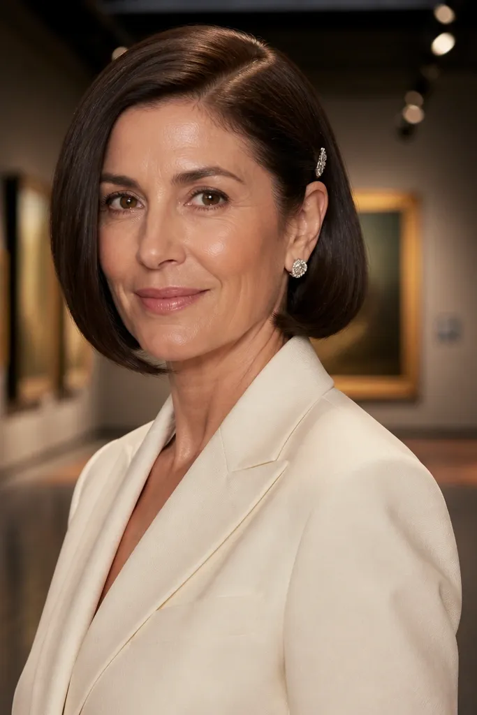 Sleek short bob with a side part and a small decorative clip near the jaw