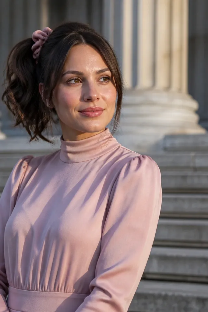 Short hair pulled into a small side pony with open face framing pieces