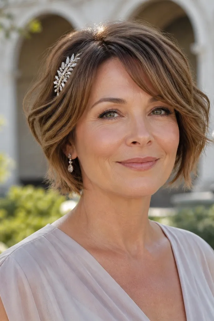 Short feathered bob with soft outward texture and a rhinestone side comb