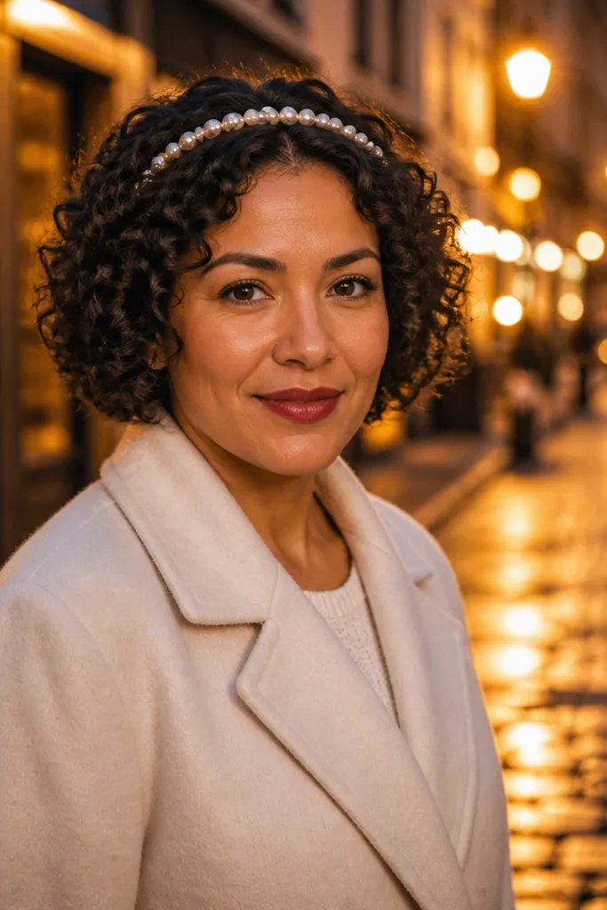 Short curly hair with a thin pearl crown band across the top