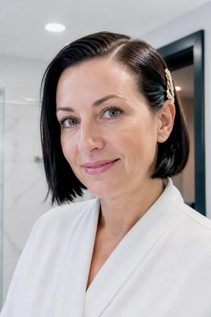 Short bob with a glossy wet-look finish and a minimal hair clip at the side