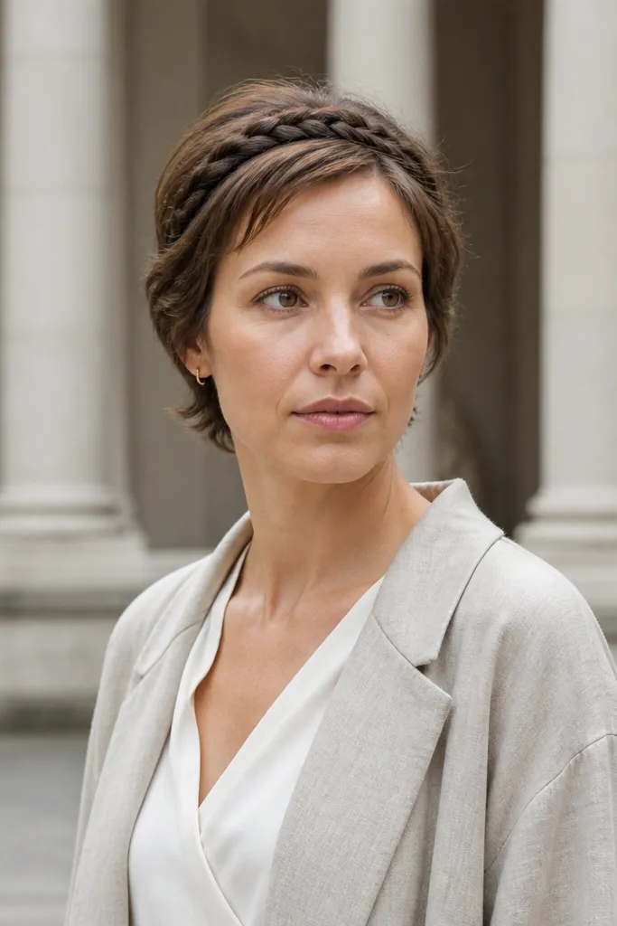 Short hair with a thin micro braid running across the crown like a halo