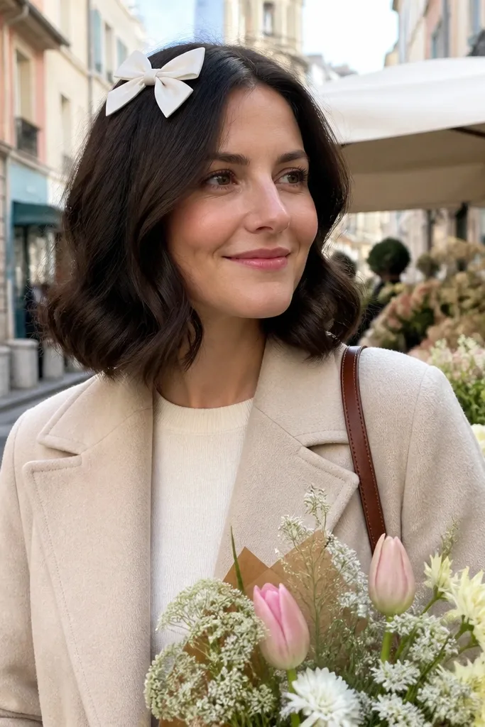 Short hair with soft waves and a small bow-shaped clip at the crown