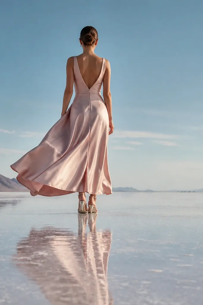 Blush satin A-line gown on a wide salt flat with long horizon lines