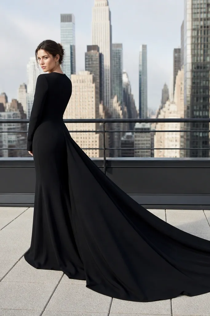 Long crepe gown with a flowing train on a rooftop terrace at sunset