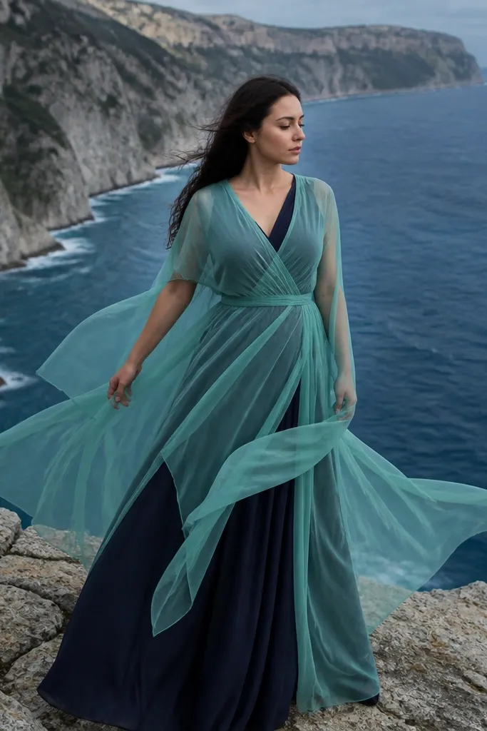 Sea-green organza overlay gown on a cliff edge with ocean waves behind