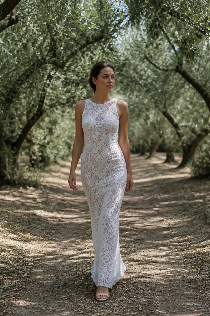 White lace sheath gown walking along an olive grove path
