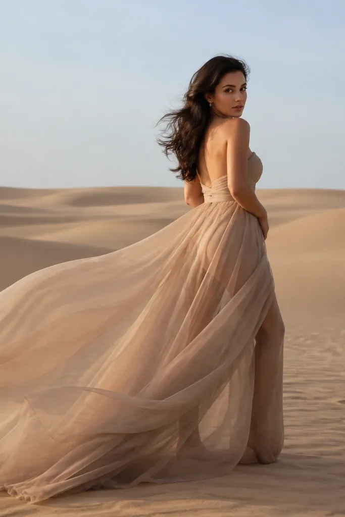 Nude chiffon slip gown on desert dunes with warm sand tones