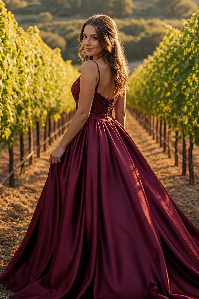 Burgundy satin ballgown between vineyard rows at golden hour