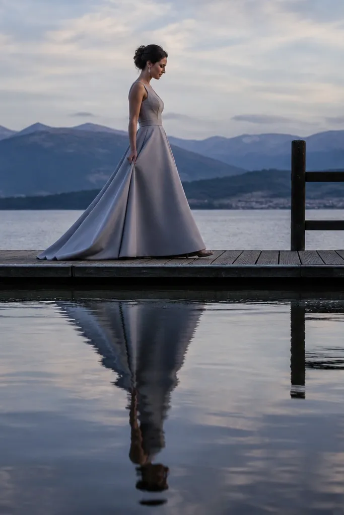 Pearl-gray crepe gown on a lakeside dock with calm water reflections