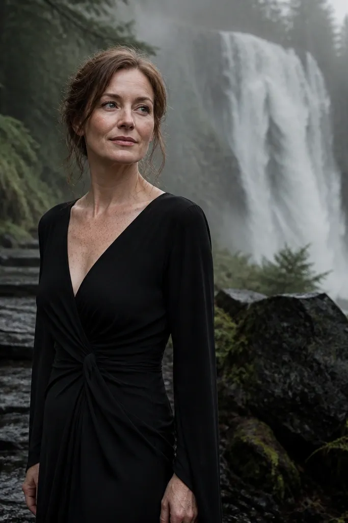 Black crepe gown on a forest waterfall trail with misty greenery