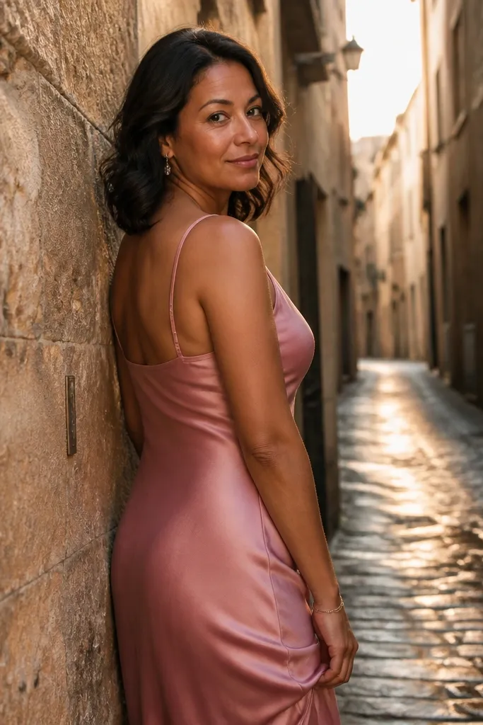 Rose-pink satin slip gown in a cobblestone alley with warm street shadows