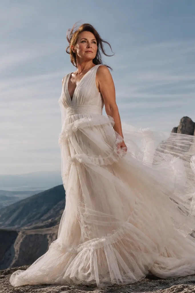 White tulle layered gown on a mountain overlook with a wide sky
