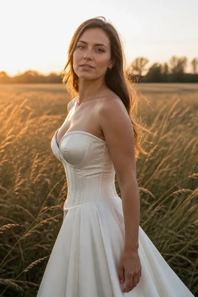 Ivory corset gown in tall grass with sunlit blades around the skirt