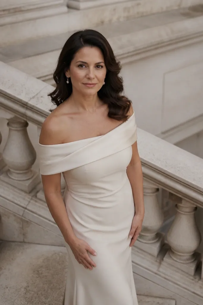 Cream off-shoulder gown on limestone steps with strong lines