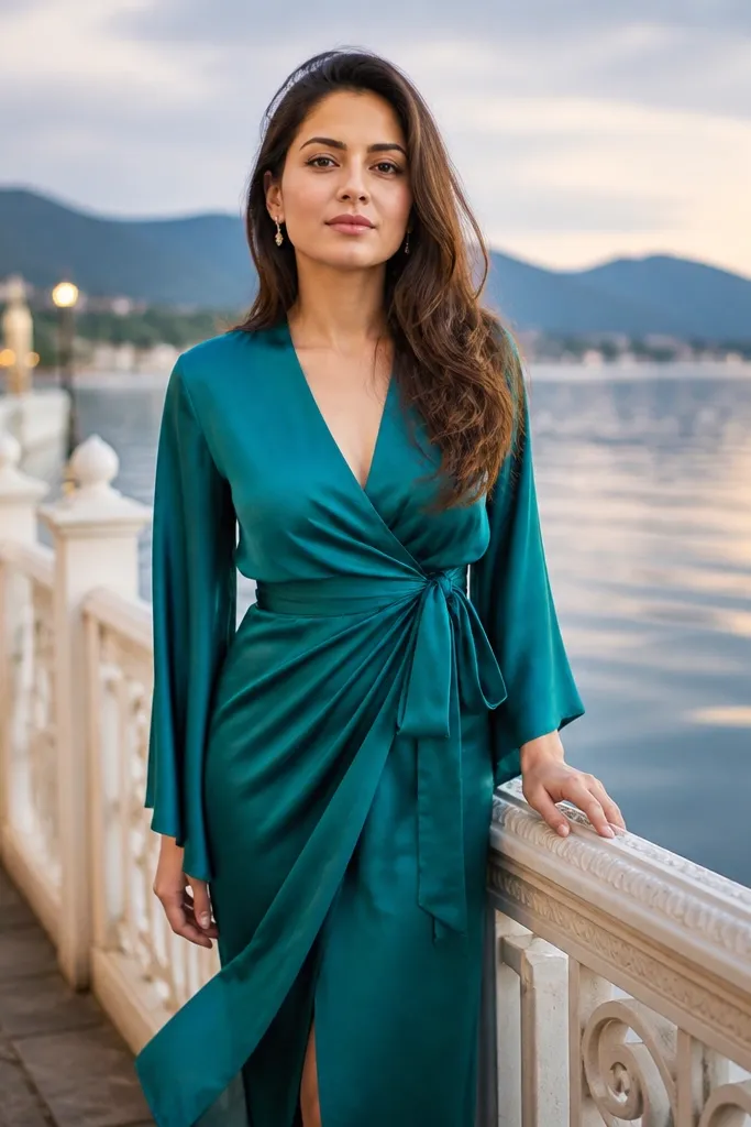 Teal satin wrap gown on a lakefront promenade with railings and open water