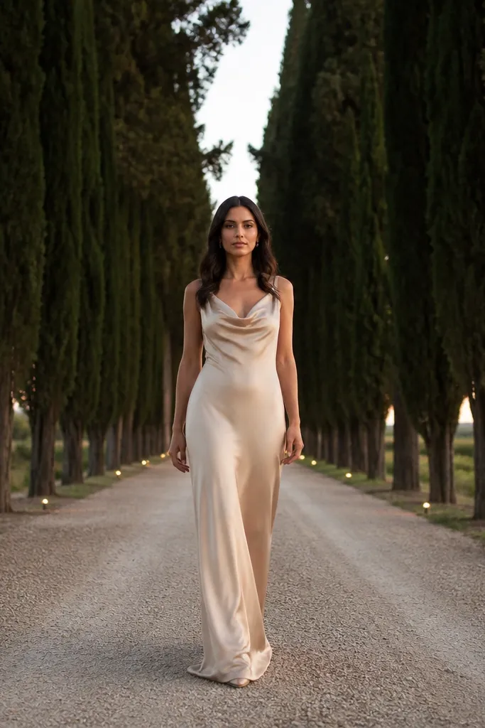 Champagne column gown on a cypress-lined road with a tunnel of trees
