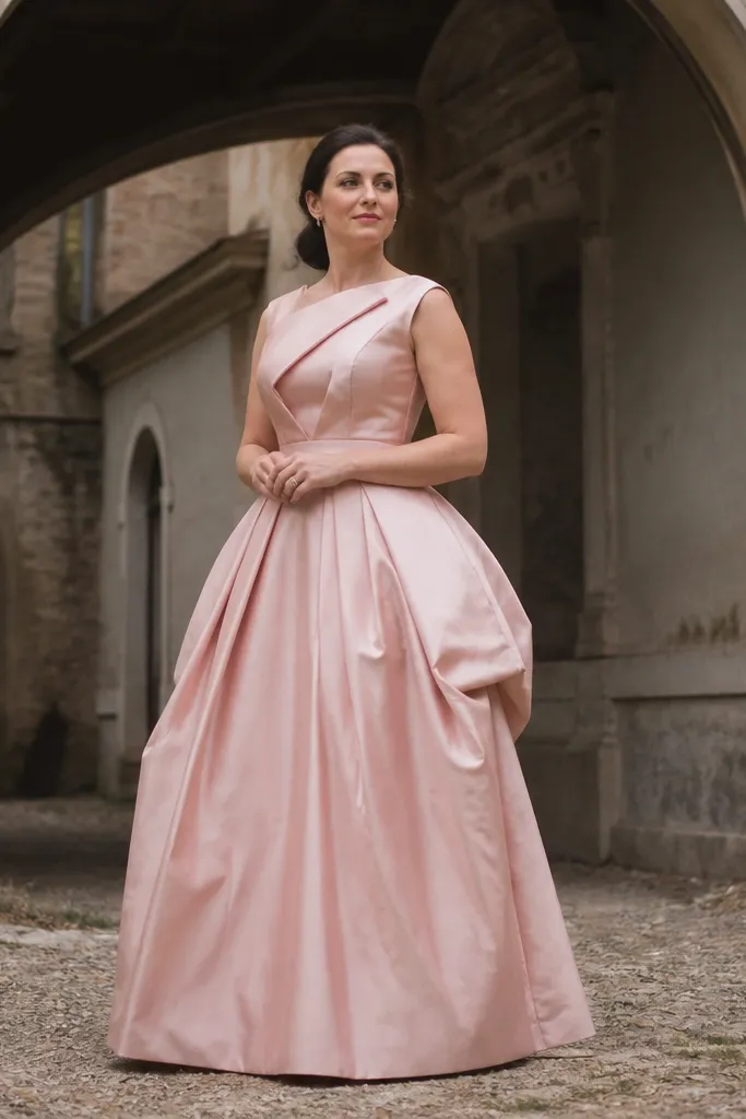 Blush taffeta gown posed under a historic archway in a courtyard