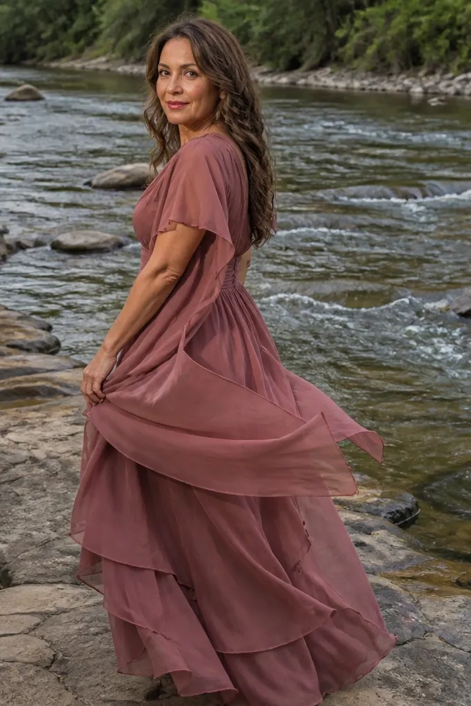 Rosewood chiffon gown on river rocks with flowing water in the background