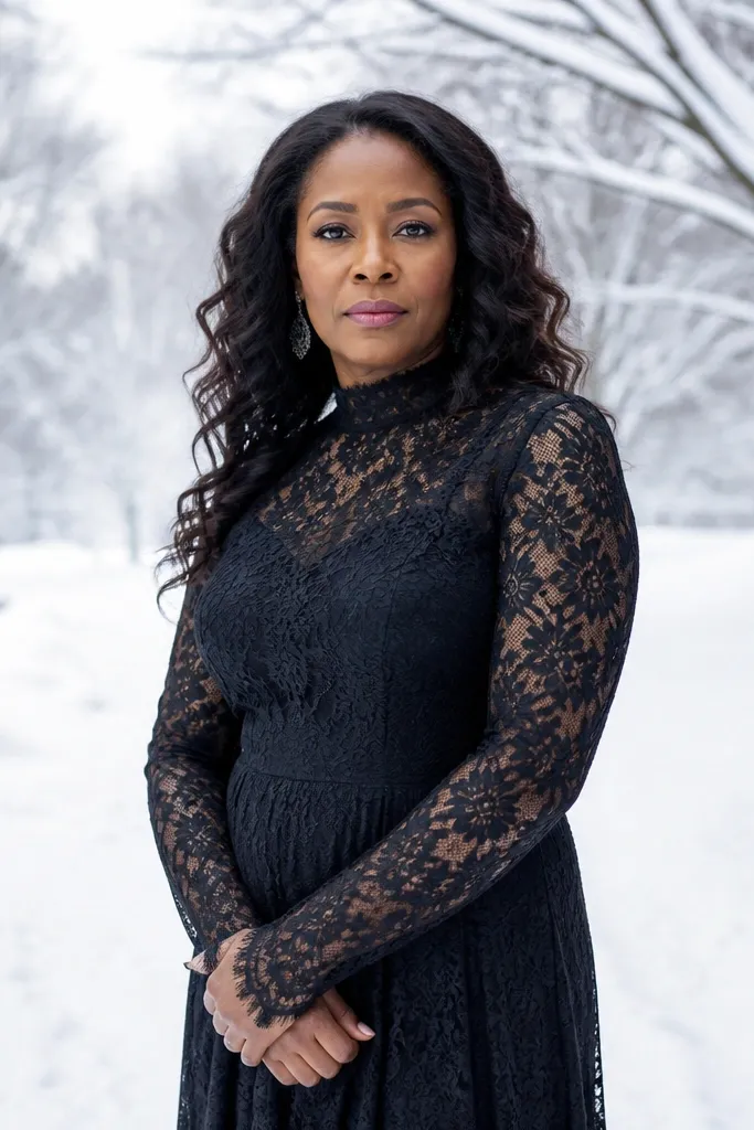 Black lace gown on a snowy park path with soft winter light