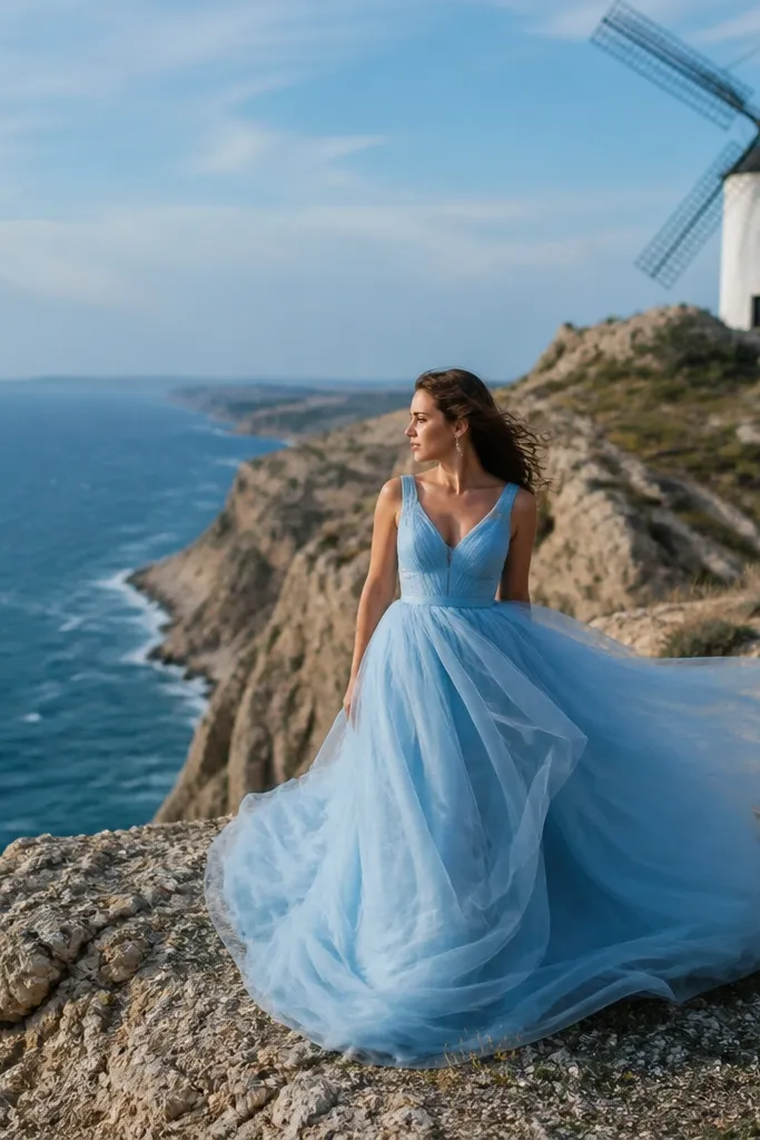 Powder-blue tulle ballgown on a cliff hill with windmills in the distance