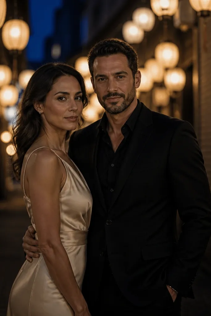 Couple in dark outfits walking under warm lanterns along a narrow alley.