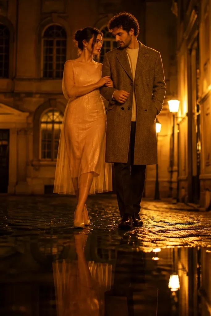 Couple on wet cobblestones with warm streetlamp reflections around them.