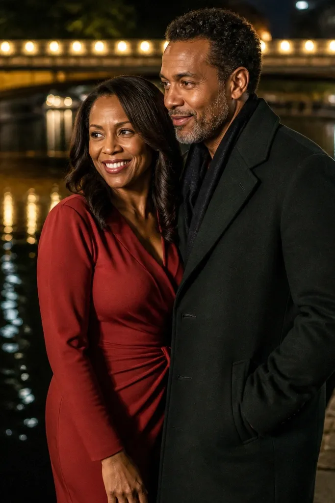 Couple holding hands on a riverside path with lights reflected in water.