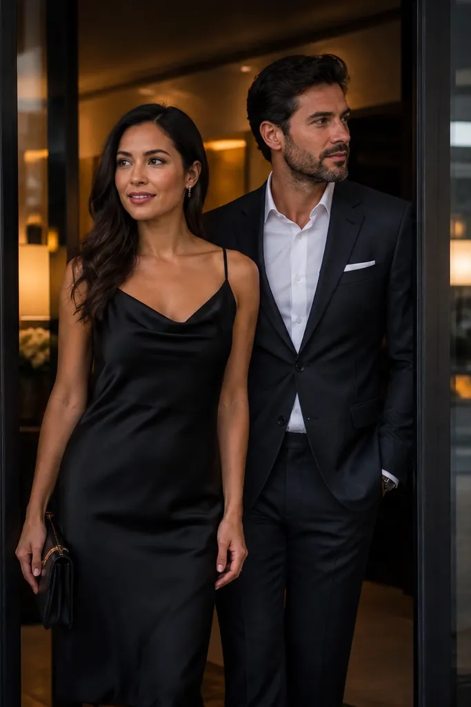 Couple posing near a glass hotel entrance with warm interior light.