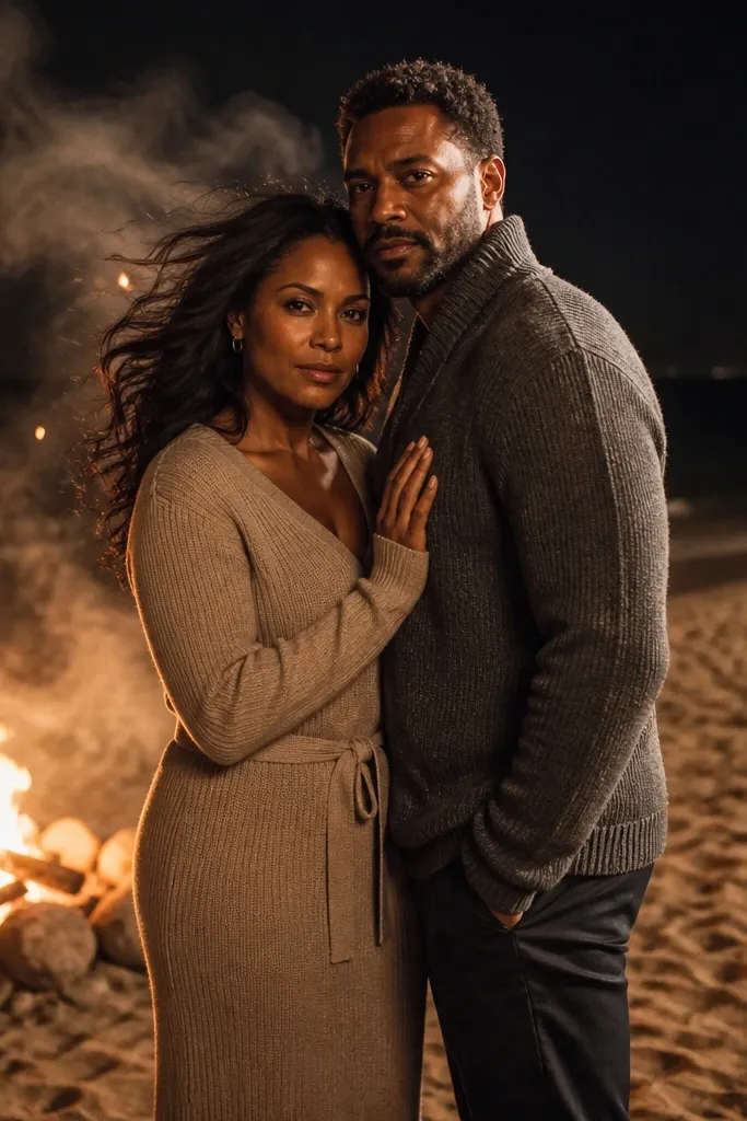 Couple near a small beach fire pit with warm glow and dark shoreline.