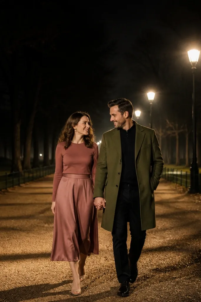 Couple walking on a park path under evenly spaced light poles.