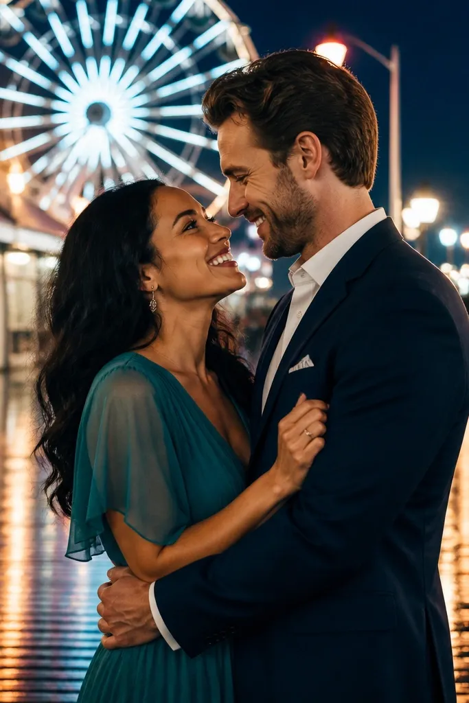 Couple on a boardwalk with colorful amusement lights behind them.