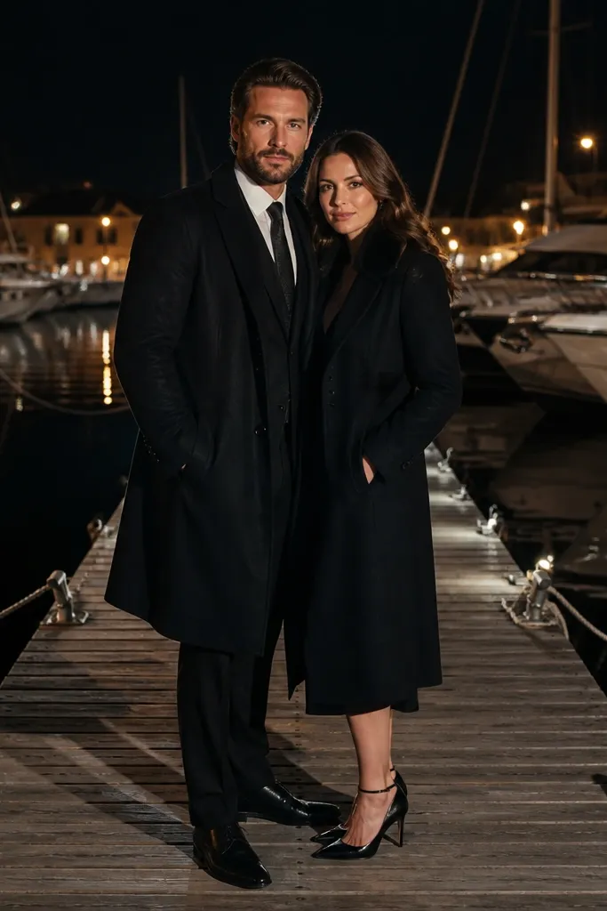 Couple standing on a marina dock with dock lights reflected in water.
