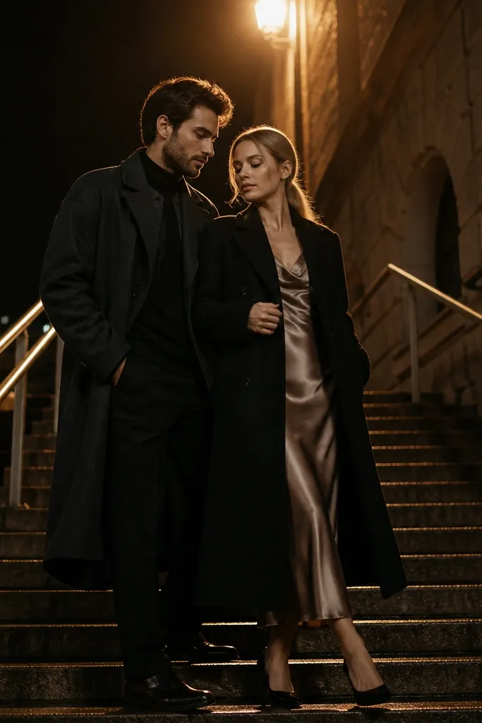 Couple on outdoor stairs with a warm spotlight behind them.