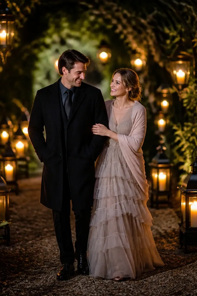 Couple walking a garden path with lantern rows and soft candle glow.