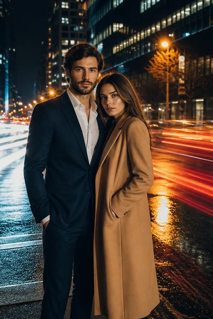 Couple holding hands on a quiet street while car lights trail behind.