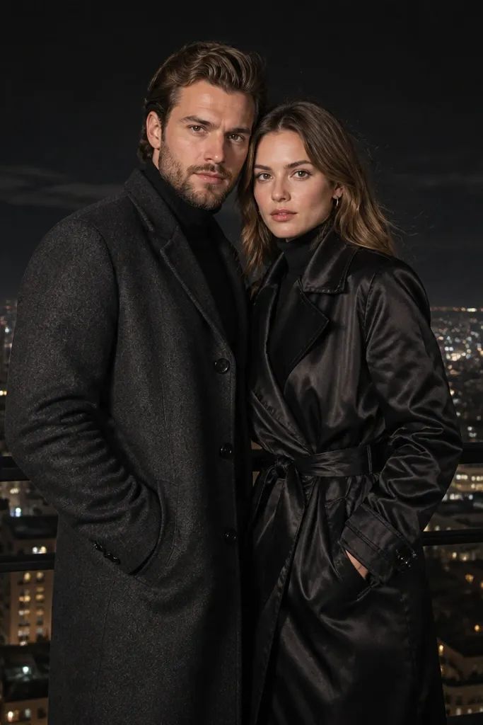 Couple framed by a rooftop railing with city lights below at night.