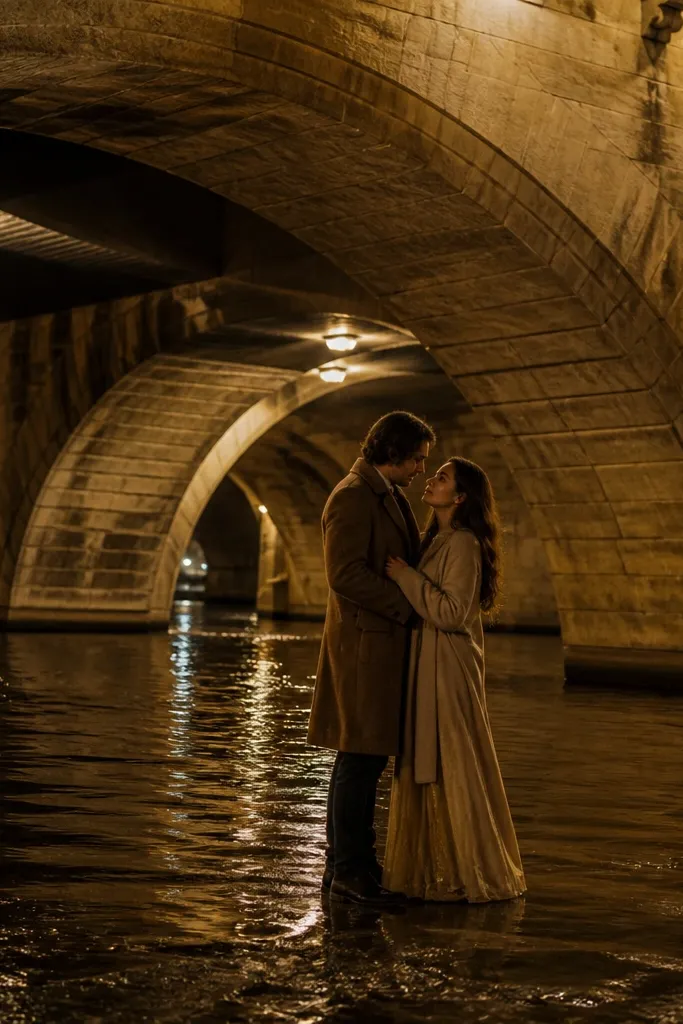 Couple under a stone bridge with warm lights reflecting on water.