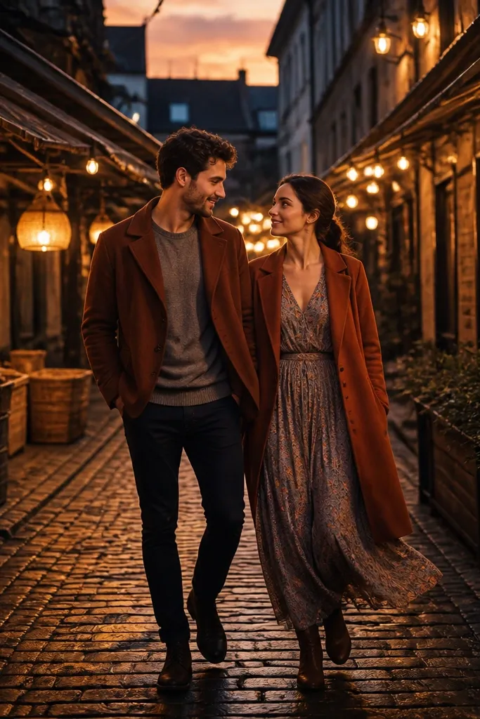 Couple in an empty market alley with warm overhead lights and storefront glow.