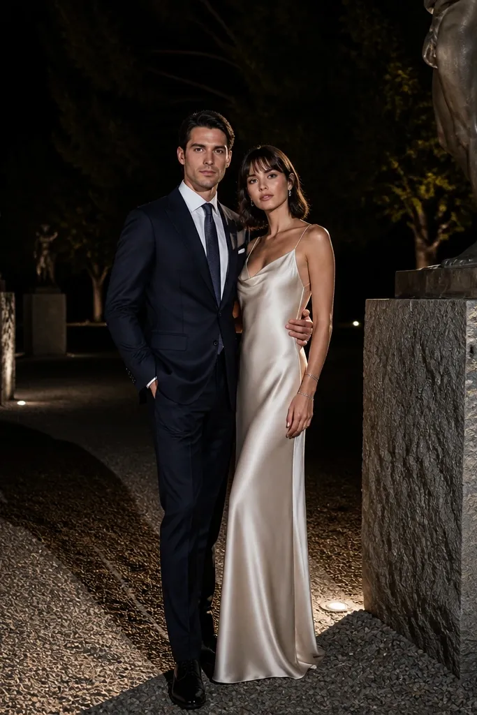 Couple near a spotlit sculpture with dramatic shadows and night glow.