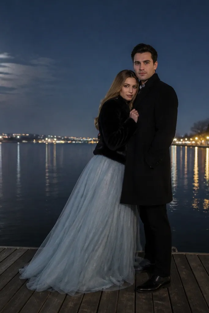 Couple on a lake dock with a dark horizon and scattered city lights.
