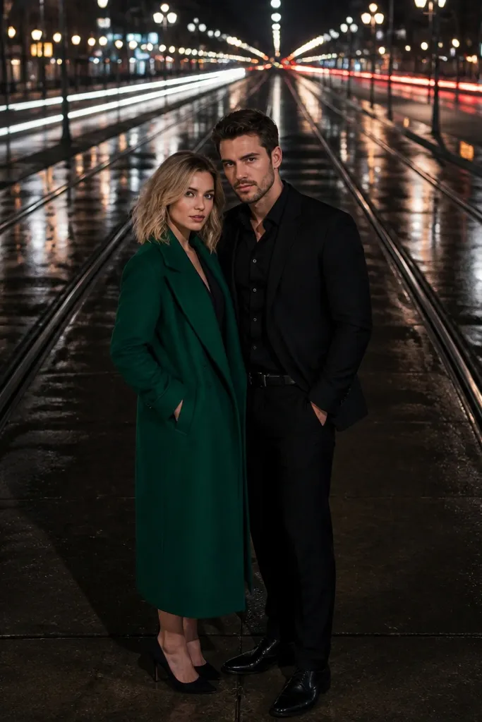 Couple standing near streetcar tracks with repeating lights leading into the distance.
