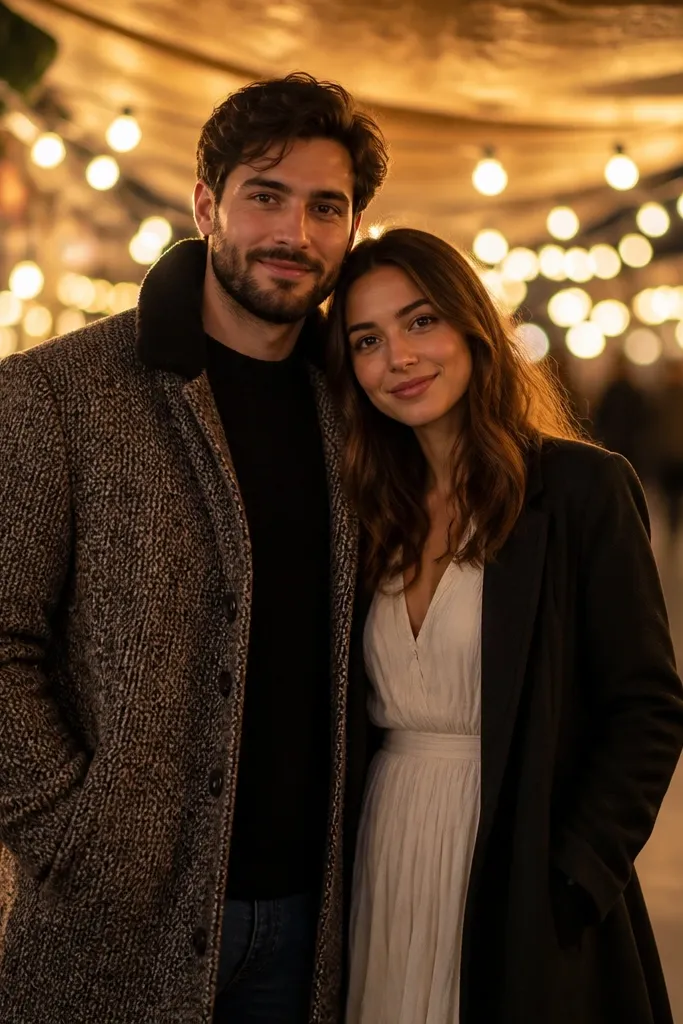 Couple under a canopy with hanging bulbs creating warm.