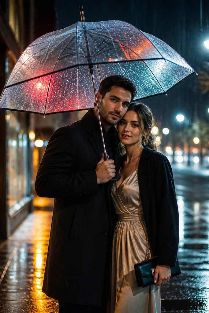 Couple with umbrellas in neon rain glow on a dark street.