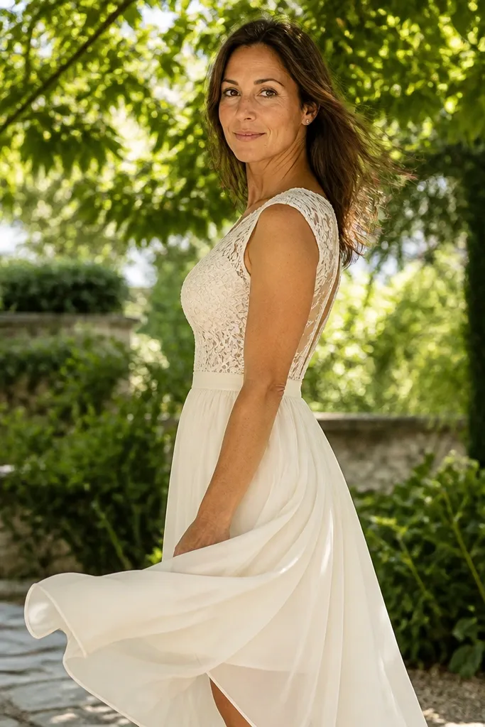 Ivory chiffon fit-and-flare dress with lace bodice in outdoor garden light