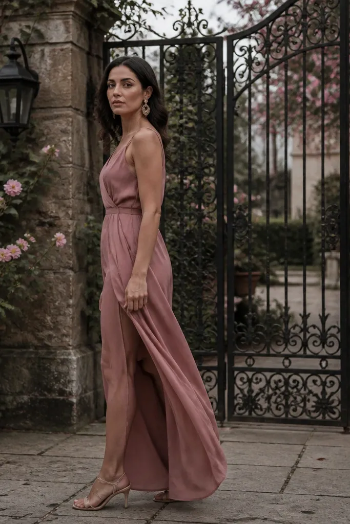 Dusty rose georgette slip dress with a side slit outdoors on stone steps