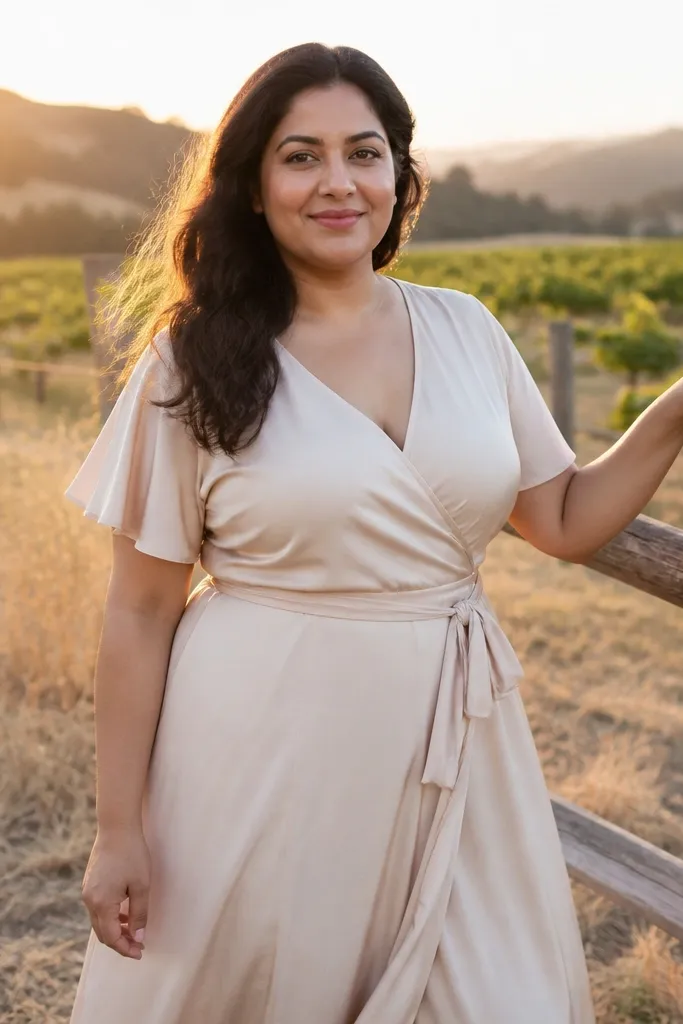 Champagne matte satin wrap dress with V-neck outdoors near a wall